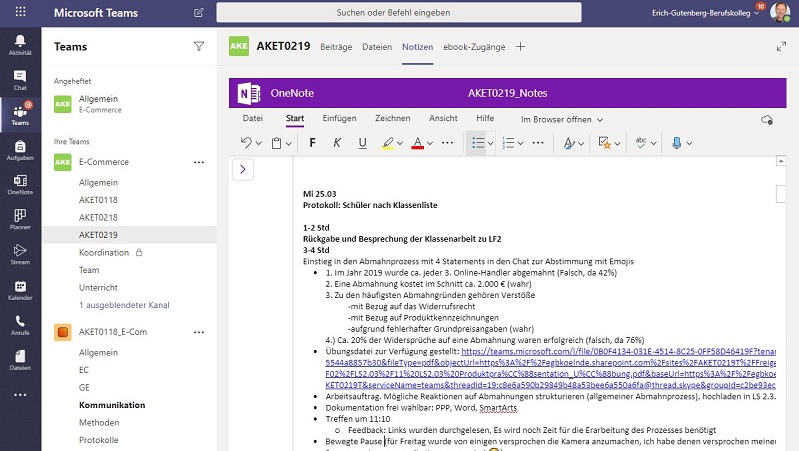 Lehrerprotokoll in OneNote f&uuml;r das Staffelstabprinzip