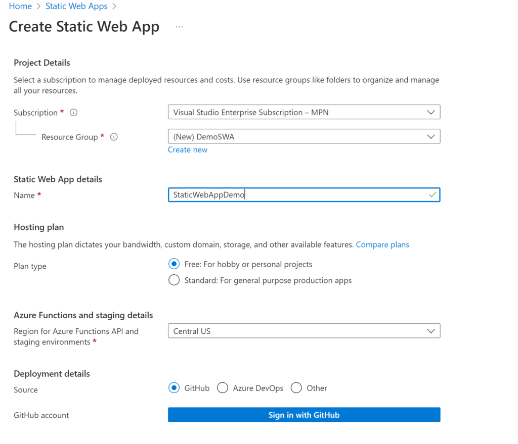 Filling in the Create Static Web App form.