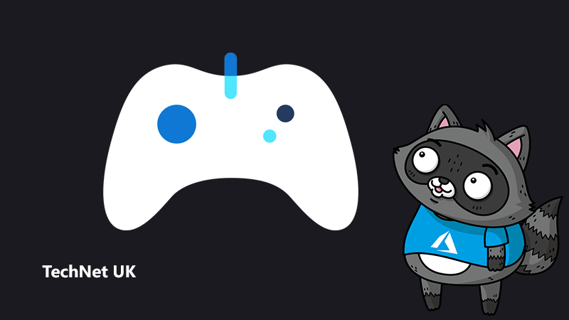 An illustration of a gaming controller, next to a picture of Bit the Raccoon