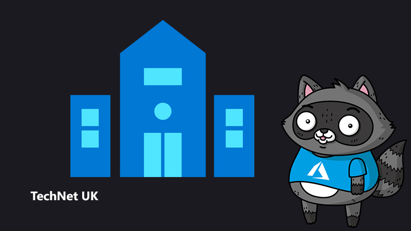 An illustration of a school, next to an illustration of Bit the Raccoon
