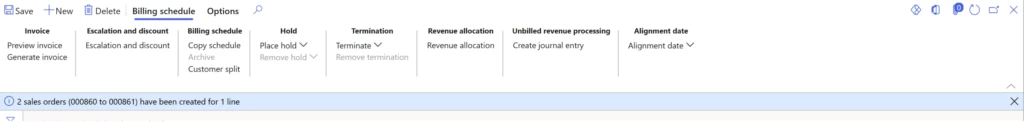 Screenshot of a message appearing indicating that two sales orders have been created for one line.