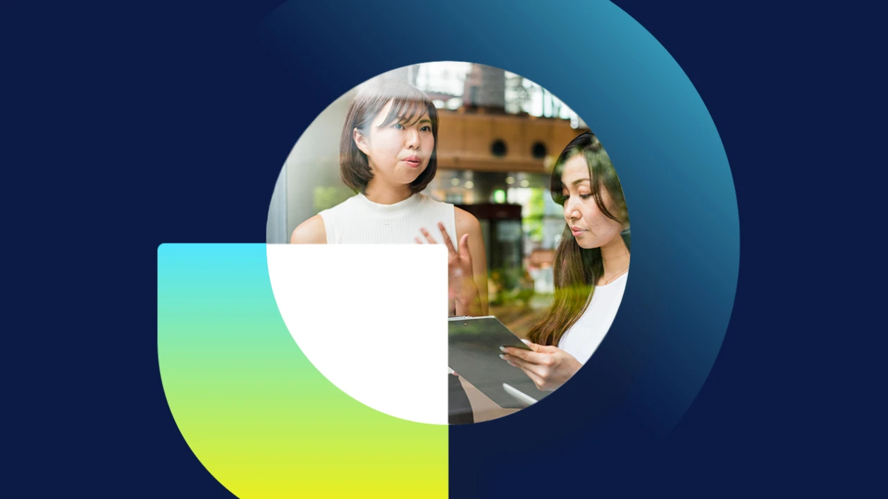 Abstract graphic design incorporating an image of two women talking to each other, one holding a tablet