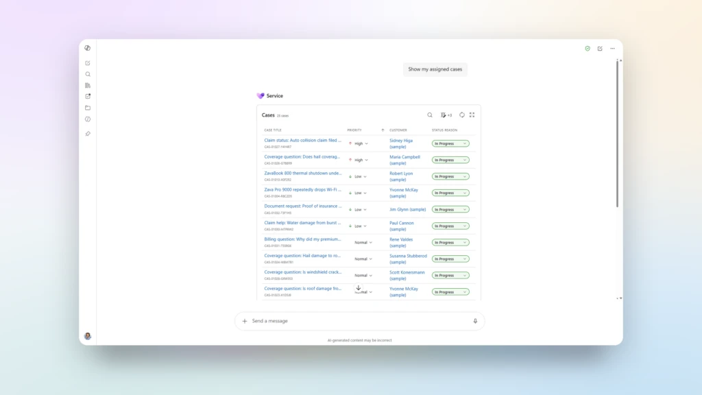 Microsoft 365 Copilot Service Agent displaying a list of customer service cases with titles, priorities, customers, and status indicators in a unified workspace.