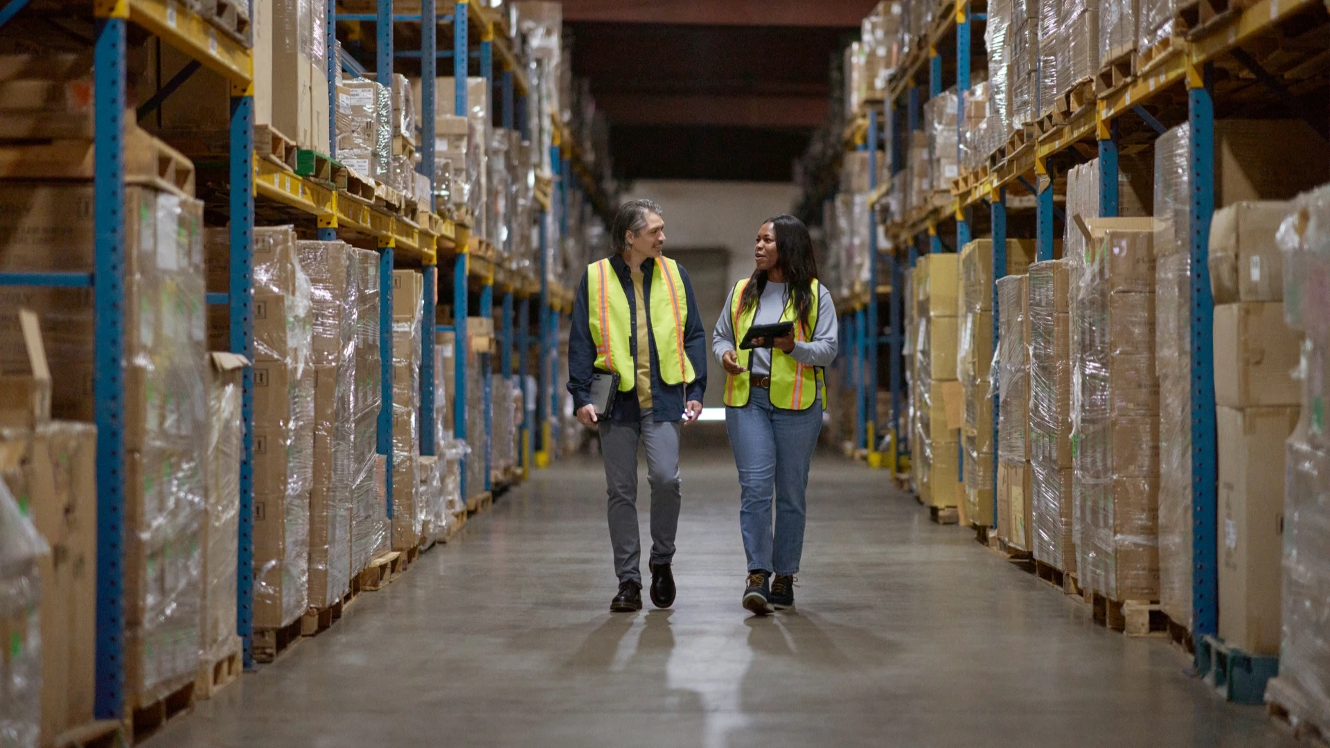 Two warehouse workers wearing high-visibility safety vests walk through a warehouse aisle lined with shelving and stacked pallets, reviewing inventory with a tablet device