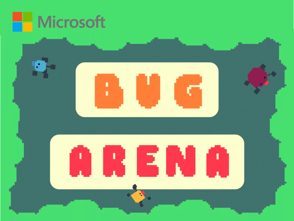 Video game bugs in a small arena, with the text