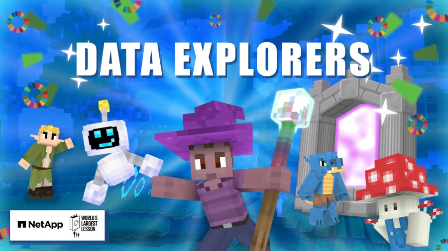 Characters from a Minecraft world blasting out of a portal.