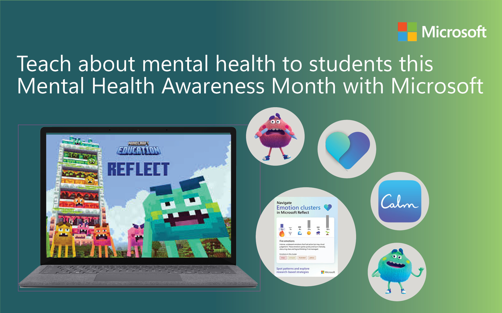 Graphic depicting a laptop screen with Minecraft Education displayed and a separate image of the Calm logo