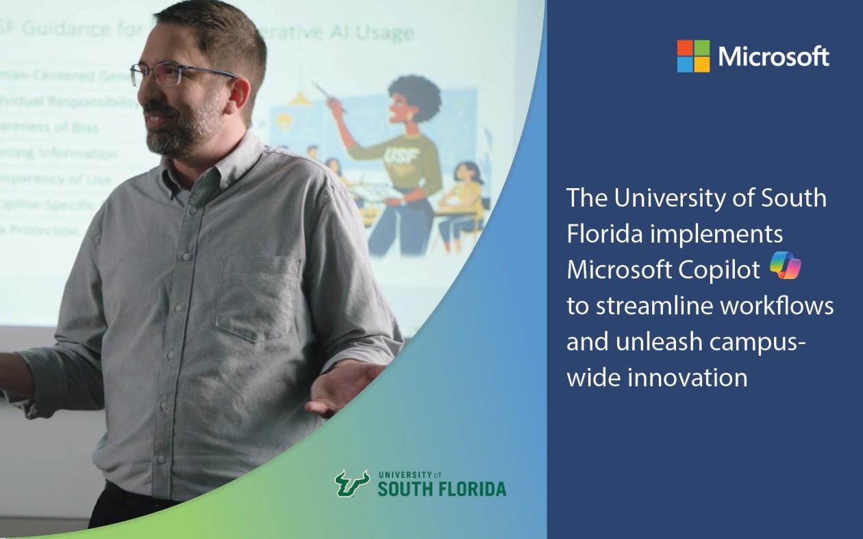 Decorative. A university instructor standing in front of a screen. There&rsquo;s a graphic to the right with the Microsoft logo and the title of the blog