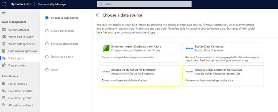 Screenshot of Arcadia Data Connector (preview) in Microsoft Sustainability Manager.