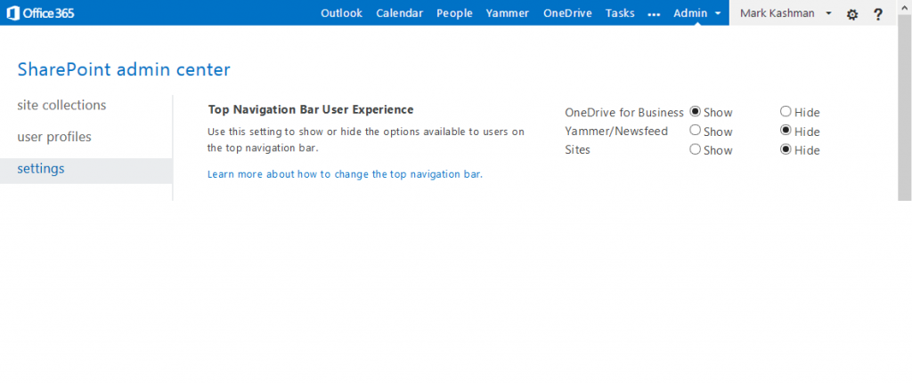 Admins can choose which elements to show and hide on users’ top navigation bar. In this image, the admin has selected to hide Yammer/Newsfeed and Sites to keep users focused on OneDrive for Business. 