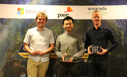 Image of the winners of ModelOff 2017: Michael Jarman, Alvin Woon, and Willem Gerritsen