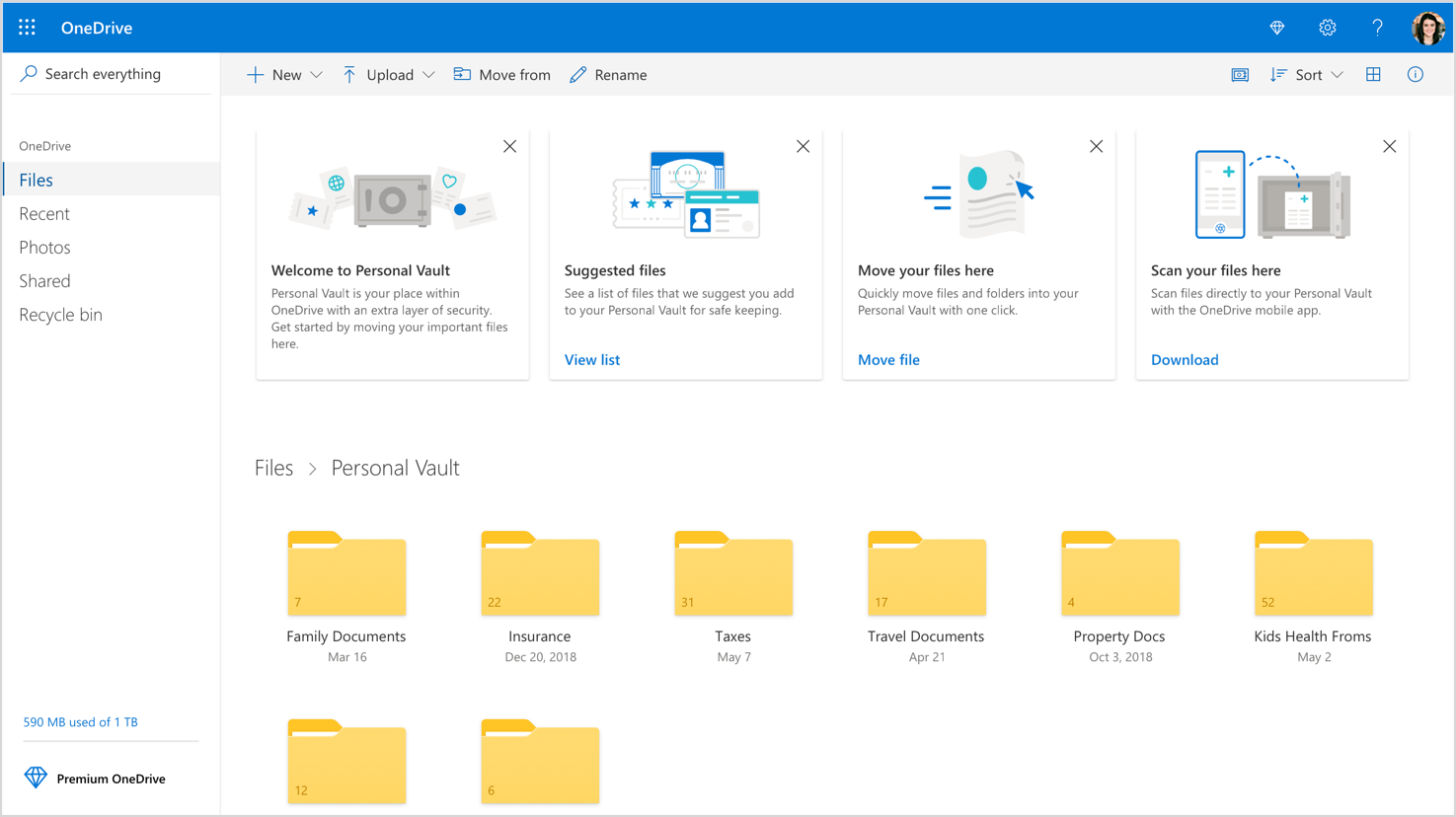 Screenshot of the OneDrive Personal Vault homepage dash.