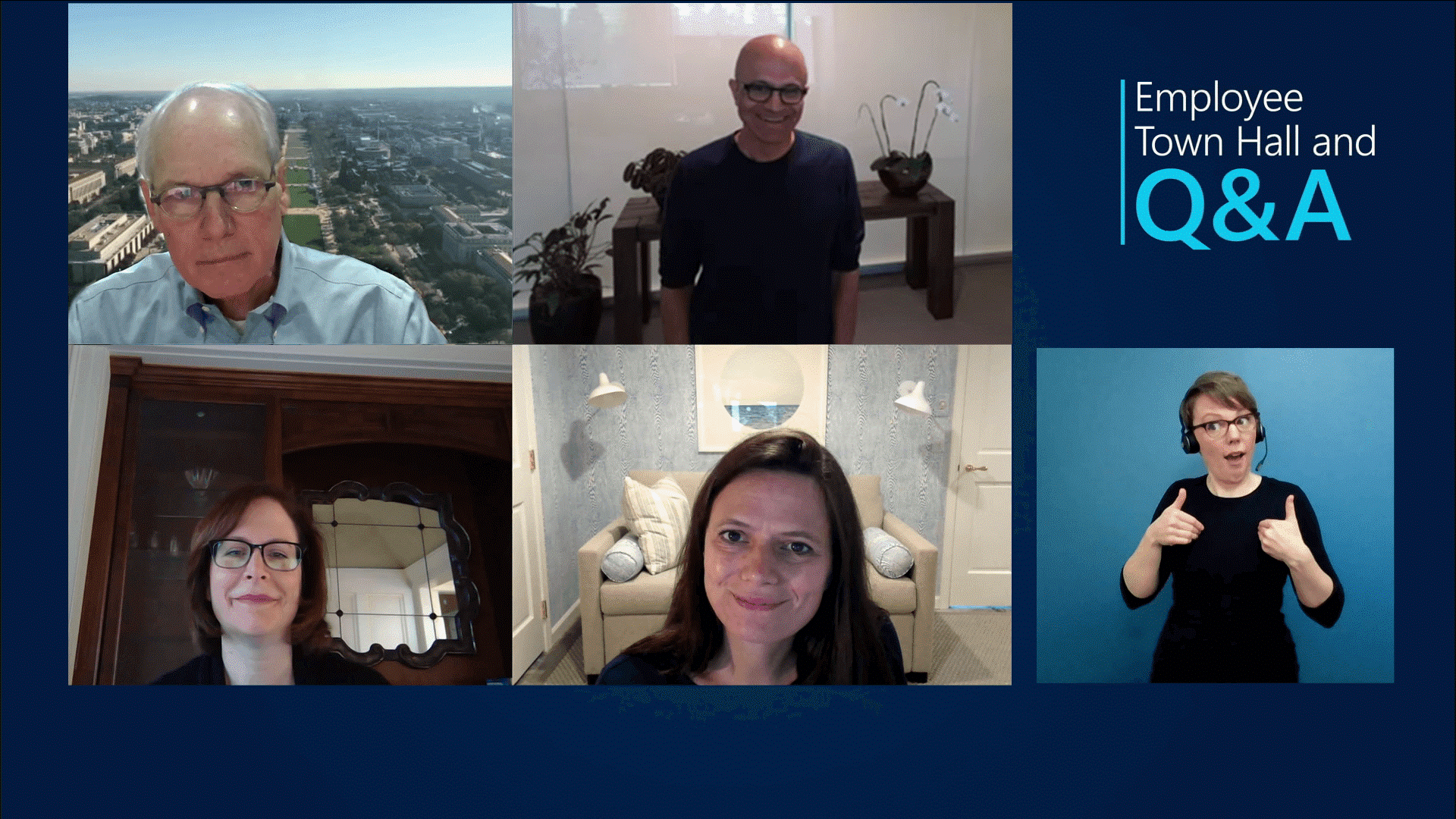 Satya Nadella and members of the Microsoft Leadership team in a Microsoft Town Hall Q and A