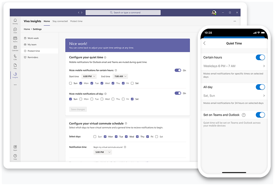 Screenshot of the Viva Insights dashboard on both desktop and mobile.