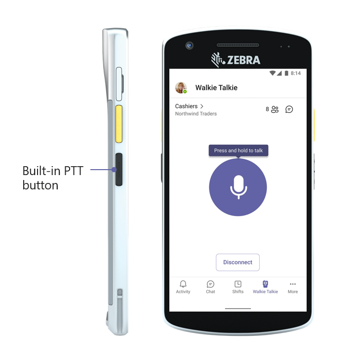 Screenshot of Zebra walkie talkie functionality, with the built-in PTT button for use with Microsoft Teams