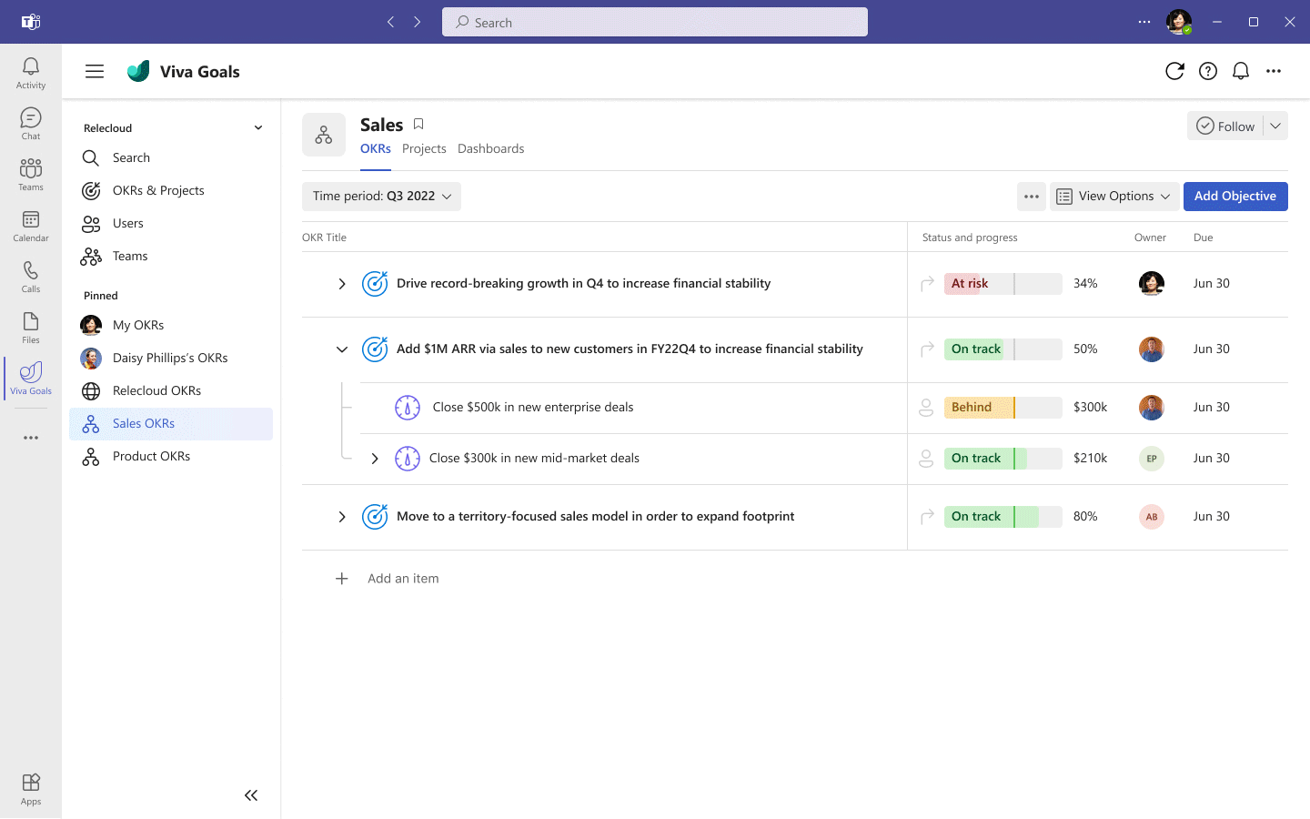 Create an Objective and Key Result in Viva Goals, then connect your OKR to a Power BI data report for automated updating, all within Teams.