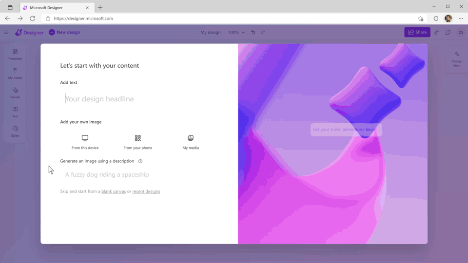 A user types Cakes by Davi in the Add Text field in Designer and sees a few cake images, then types in Ombre cake decorated with flowers and fall foliage in the Generate an image using a description field and sees additional cake image suggestions.