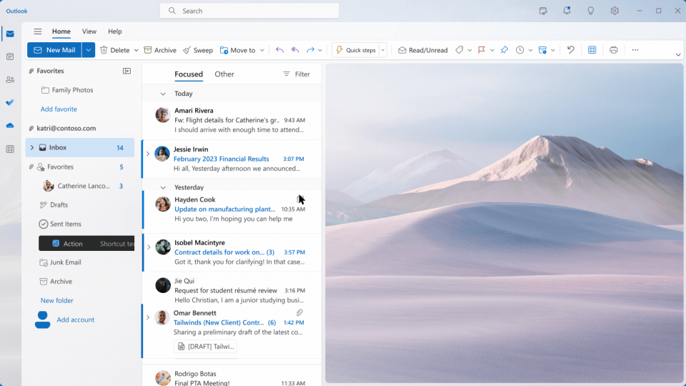 Employee creates an email from a short prompt using Copilot in Outlook.