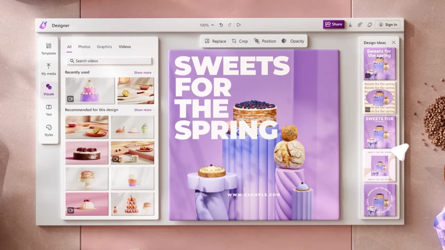 Microsoft Designer used to create a design. The main design in the center has a purple background with four desserts, each one placed on its own pedestal, and a title &ldquo;SWEETS FOR THE SPRING&rdquo; written on the top left corner in white