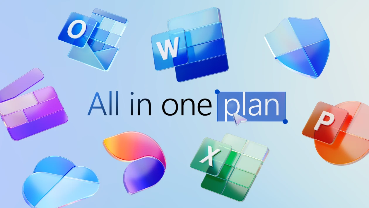 Microsoft 365 product icons floating against a light blue background, with the words All in one plan in the center