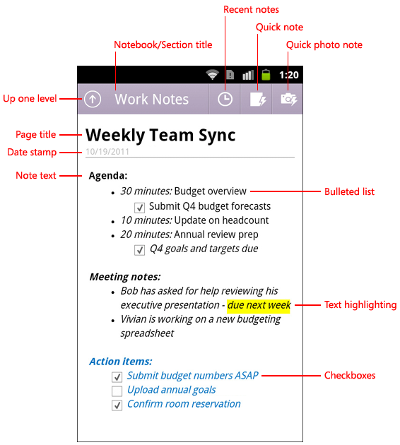 The OneNote for Android interface The OneNote for Android interface