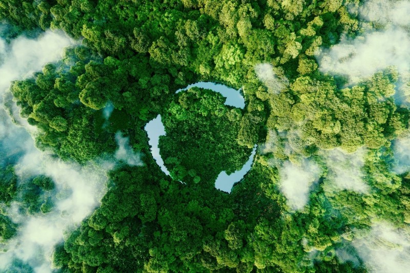 Looking down on dense tree canopy can be seen whisps of clouds and three bodies of water, vaguely resembling arrows following each other in a circle
