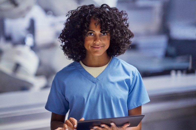 Azure solution in a healthcare environment. Empowered healthcare worker portrait