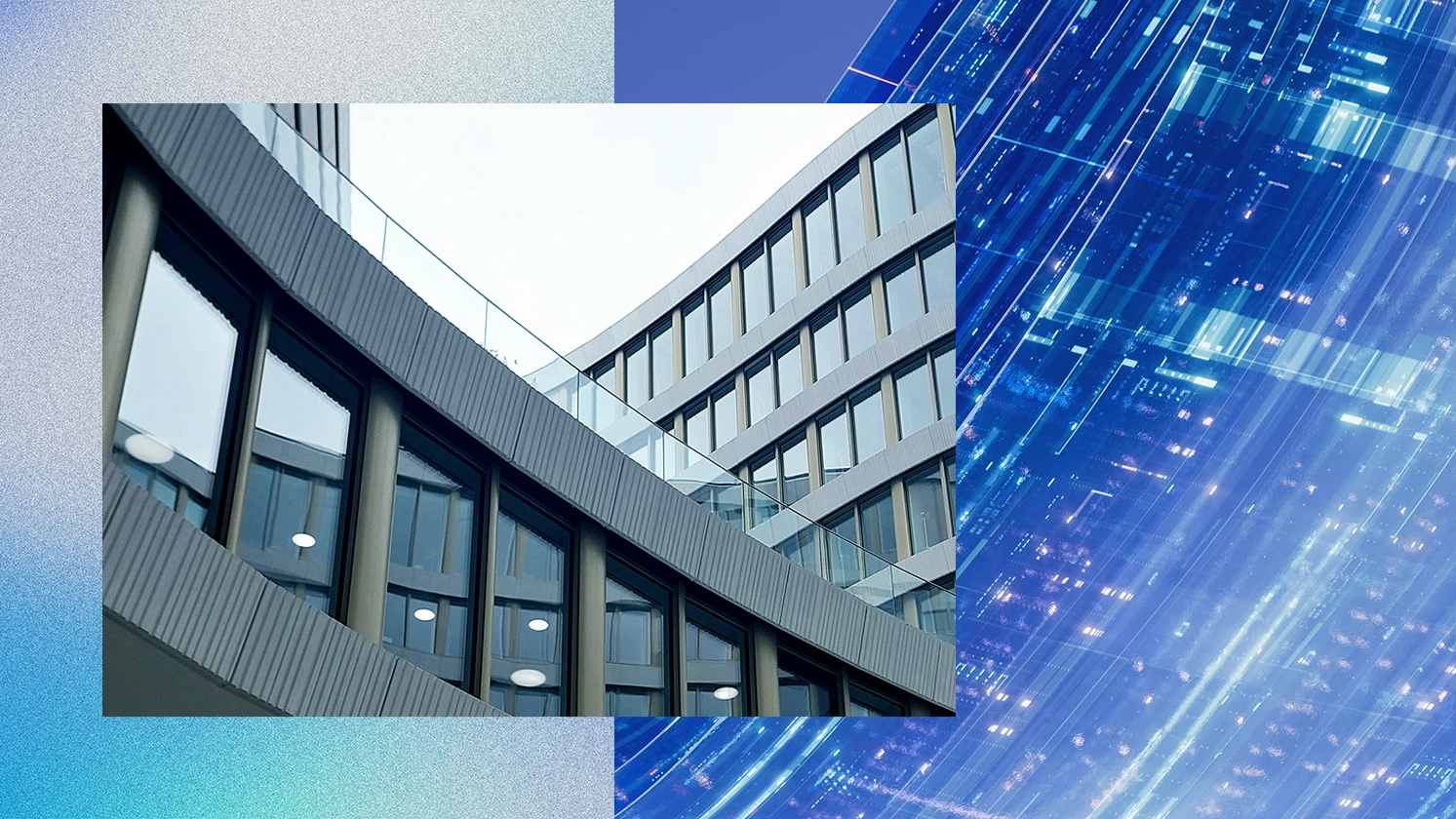 A decorative image of a building on an abstract blue background