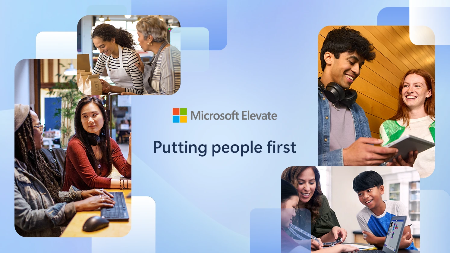A collage of people using computers with the text Microsoft Elevate Putting people first