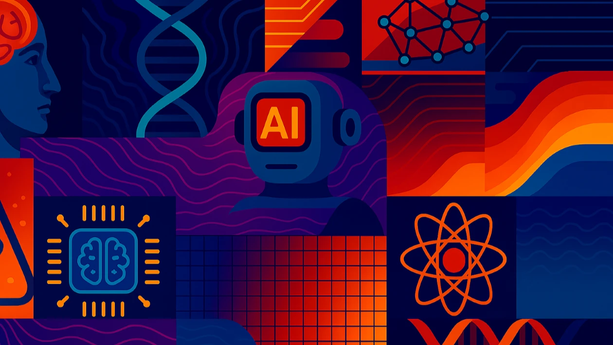 A colorful digital illustration featuring AI and technology symbols including a robot head with AI text, DNA helixes, neural networks, brain circuits, and atomic symbols in vibrant blue, red, and orange colors