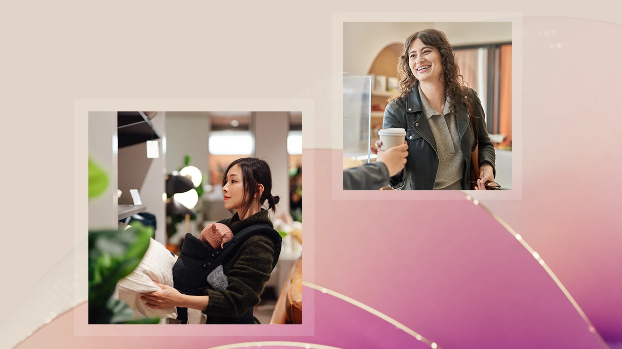 Professional receiving coffee in a modern caf&eacute; setting; a person holding a baby in a carrier
