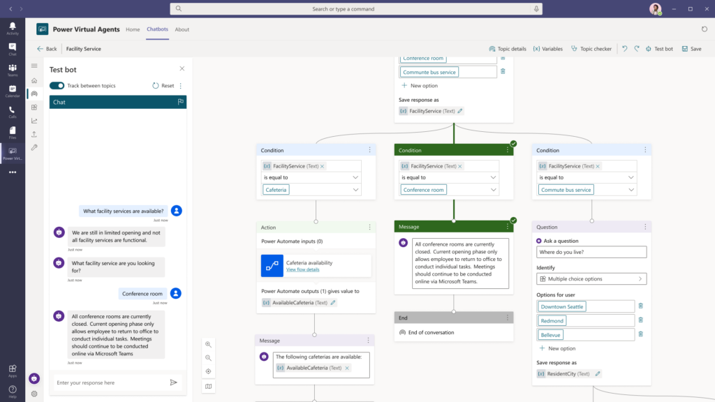 Quickly create a few simple topics to answer common questions using the easy graphical interface in Power Virtual Agents.