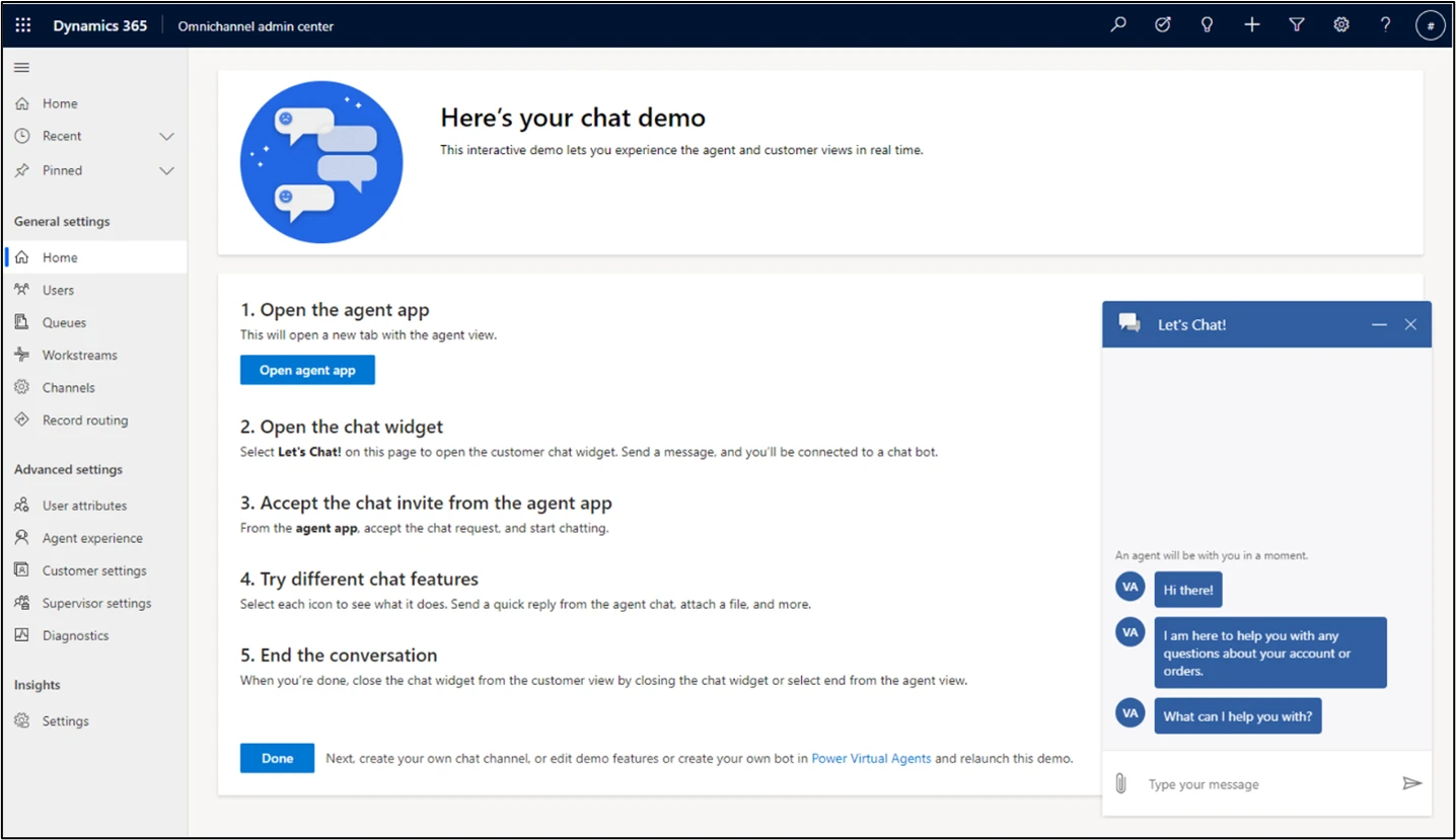 Figure 5. Power Virtual Agents bot created as part of Omnichannel first run experience