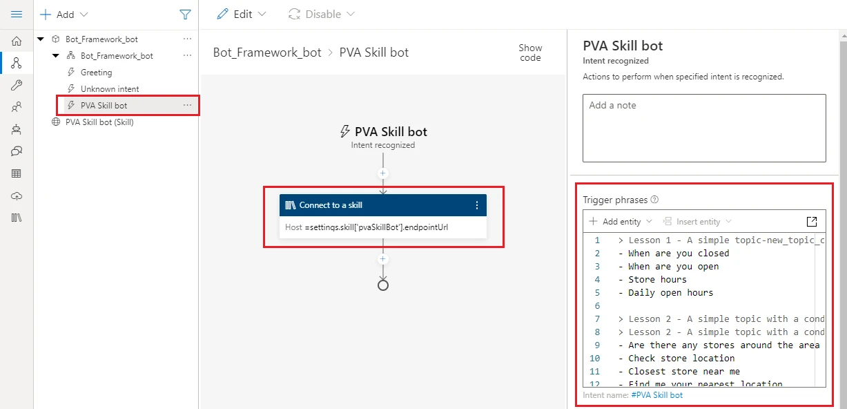 Power Virtual Agents bot added as a skill in Composer