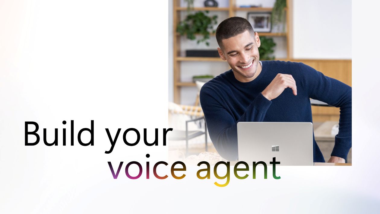 A person working on a laptop in an office. Text overlay says, Build your voice agent