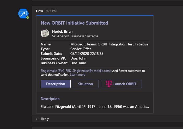 Adaptive card posted in a Teams channel.