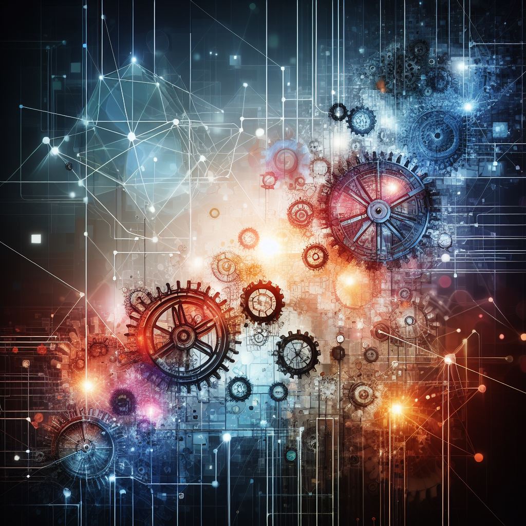 An AI-generated scene of app modernization. It features Victorian-style gears in a space field and geometric shapes