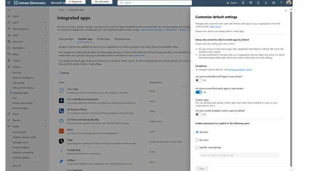 Screenshot of Microsoft 365 Admin Center settings for managing integrated apps.