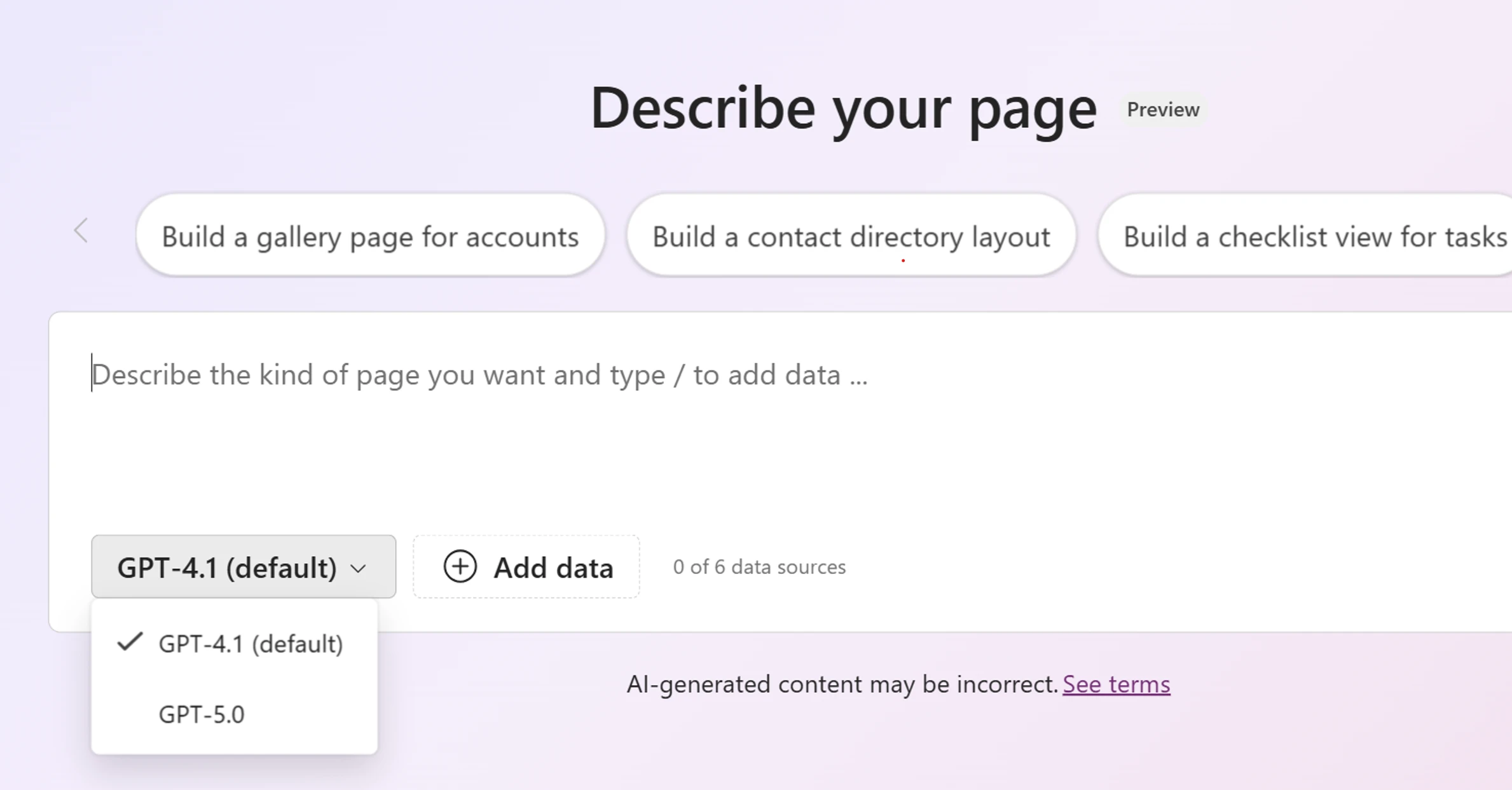Pick the model you want to use when generating your page