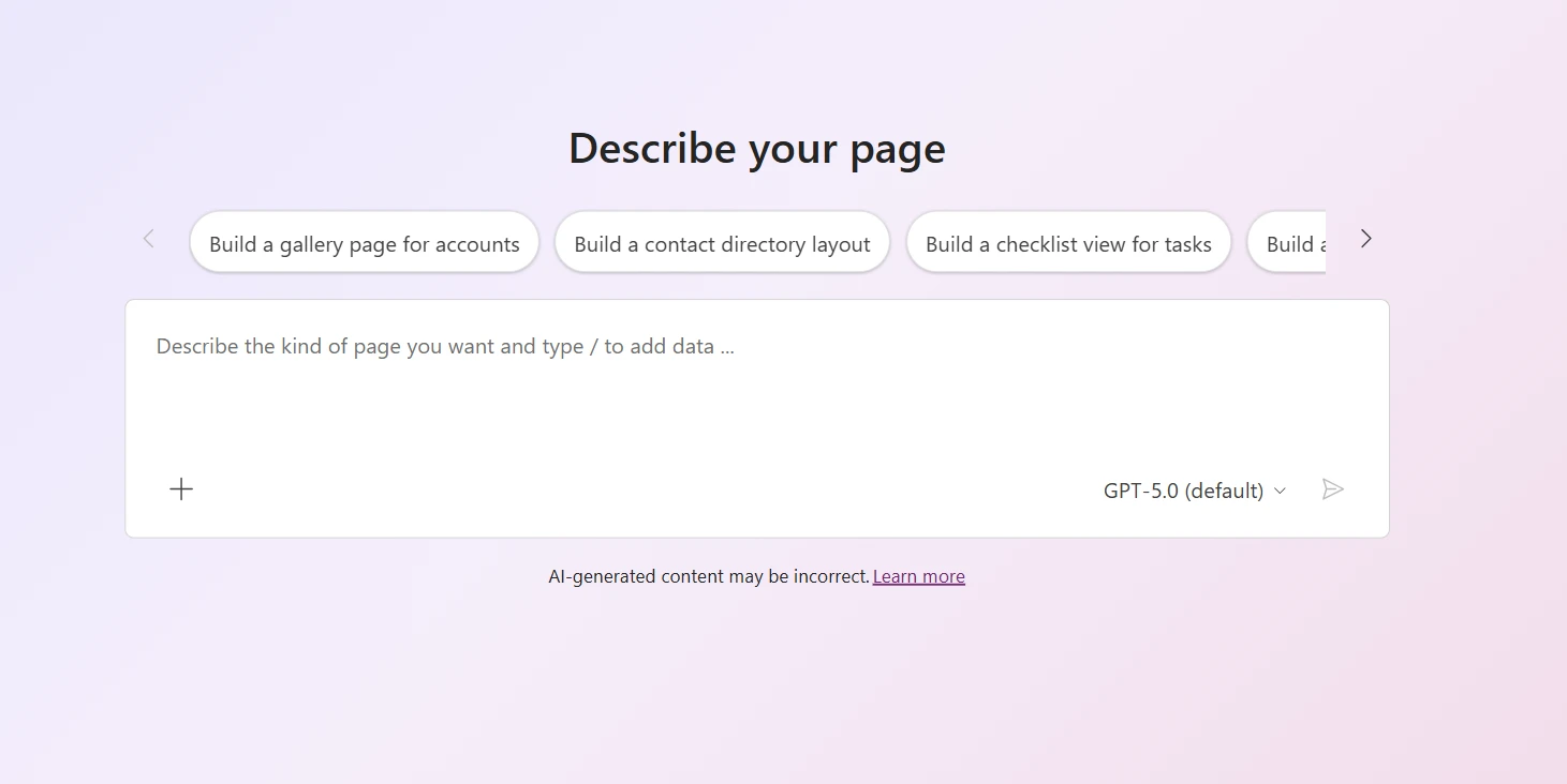 Generative pages screenshot prompting to describe your page