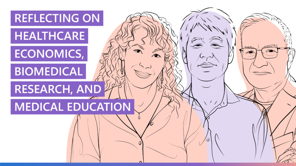 Illustrated headshots of Carey Goldberg, Peter Lee, and Dr. Isaac Kohane with the words