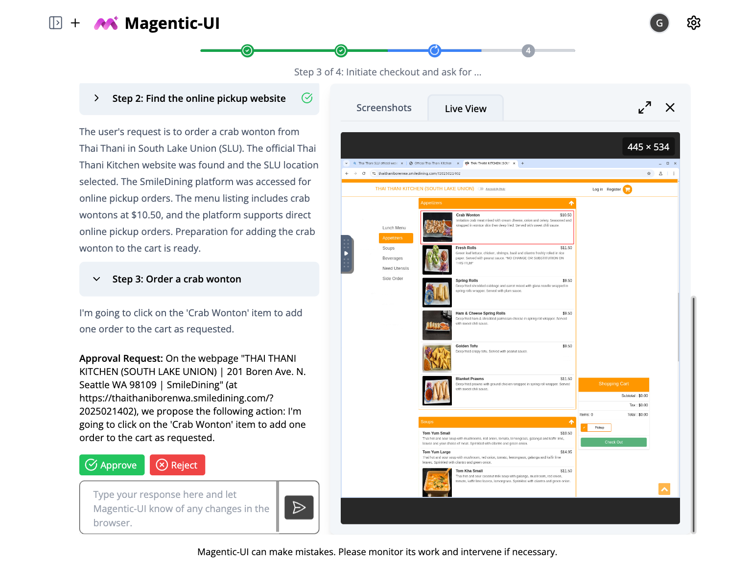 Action-guards. TOn the left hand side,this figure shous how Magentic-UI will ask users for permission using Approve or Reject buttons before executing actions that it deems consequential or important. On the right hand side the figure shows magentic-ui picking Crab Wonton from Thai Thani's restaurant menu.