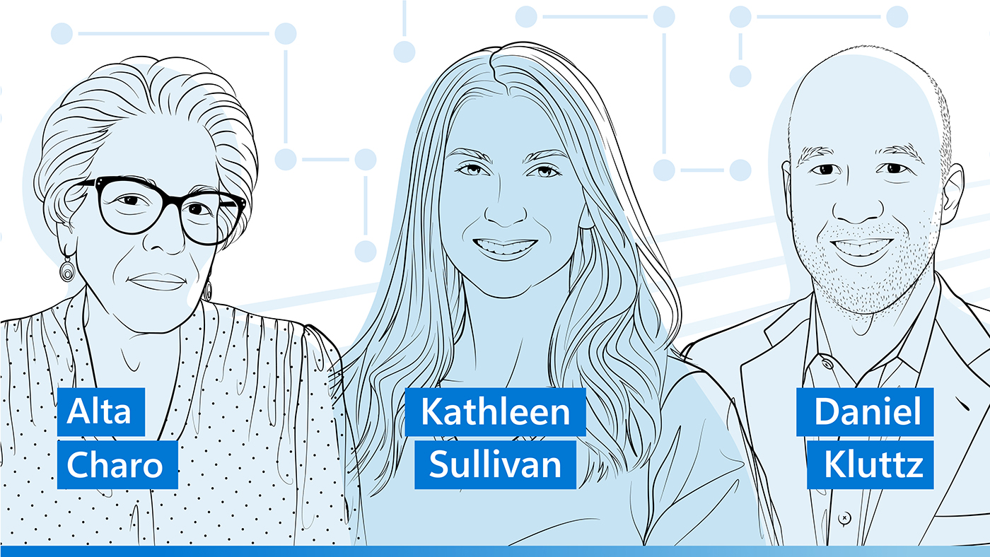 Outline illustrations of Alta Charo, Kathleen Sullivan, and Daniel Kluttz