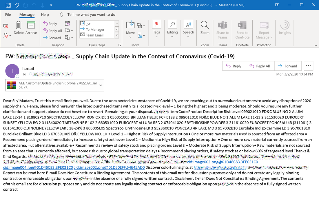 Screenshot of a phishing email about a coronavirus update.