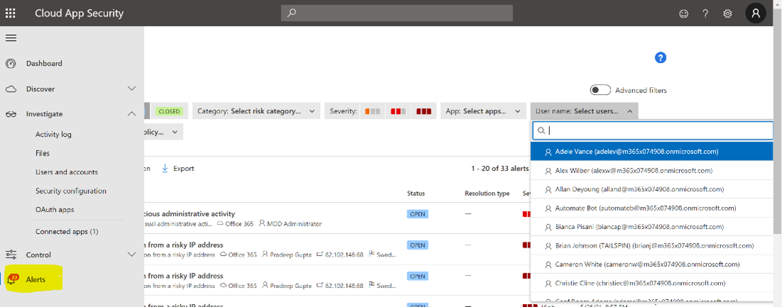 Screenshot showing sample alerts in the Microsoft Cloud App Security alerts page.