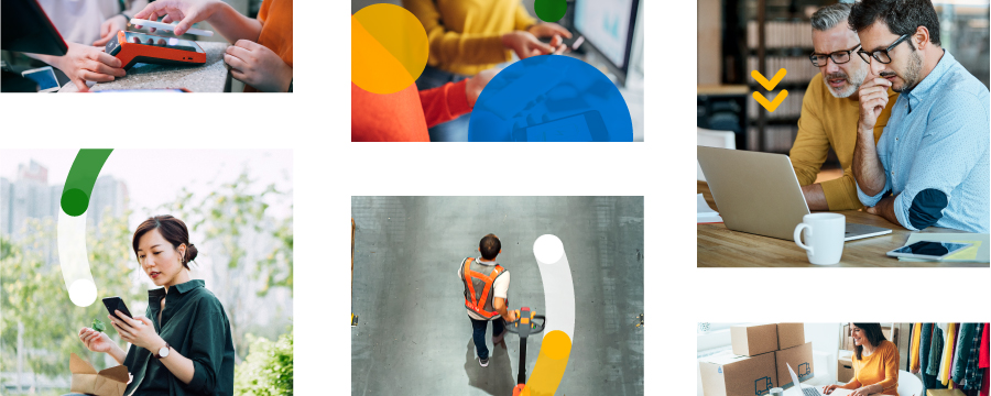Collage of images featuring real people interacting with their phones, laptops, tablets, and payment features