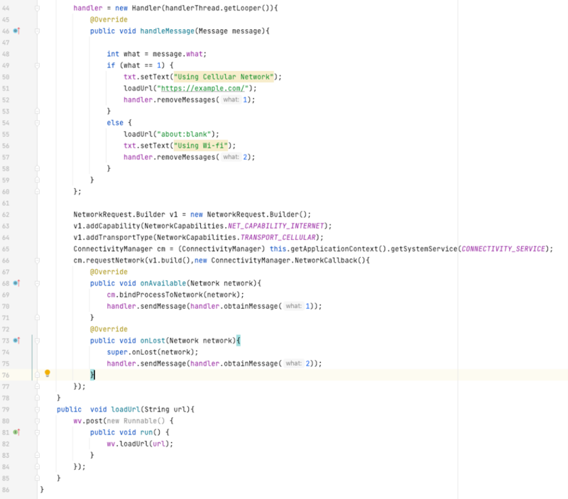 A screenshot of proof-of-concept code to demonstrate a request for a TRANSPORT_CELLULAR transport type.