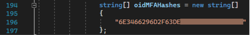 Screenshot of a section of a configuration file with a partially redacted hash value.