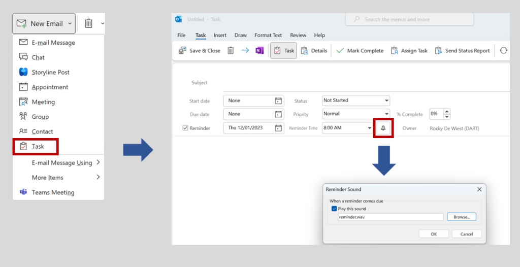 Screenshots of Outlook on Windows showing how to set a custom sound that plays when a reminder is triggered