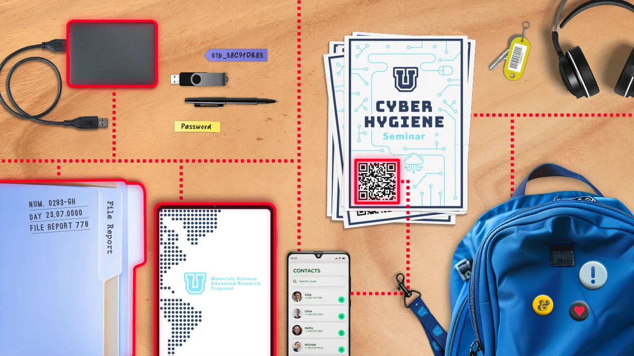 Layout of education-related items on a desk and a representation of cyberthreat vectors, next to the title text &ldquo;Cyber Signals Issue 8, From Classrooms to Research Labs: Cyberthreats in K-12 and Higher Education, by Cyber Signals, A Microsoft Threat Intelligence Report.&rdquo;